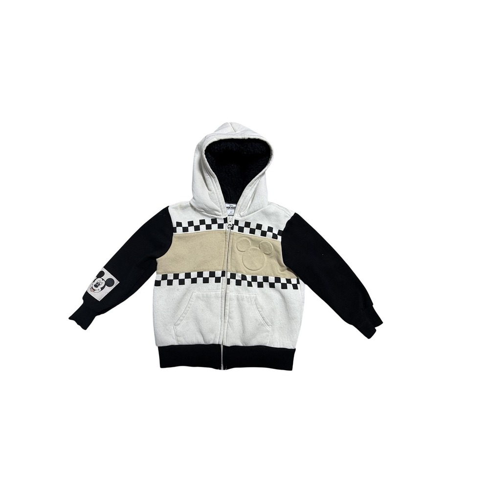 Disney Mickey & Friends Hoodie Kids 4T Black Cream Fleece Full Zip Checkered